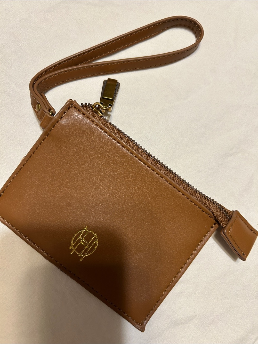 House of Harlow 1960 Camel Brown Wristlet Clutch with Gold Emblem
